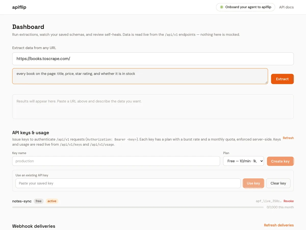 The Apiflip dashboard with a local API key selected, a URL of books.toscrape.com and the request 'every book on the page: title, price, star rating, and whether it is in stock', ready to extract.